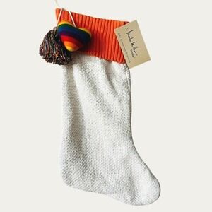 Nicole Miller Holiday Christmas Stocking With Rainbow Heart Orange Off White NWT